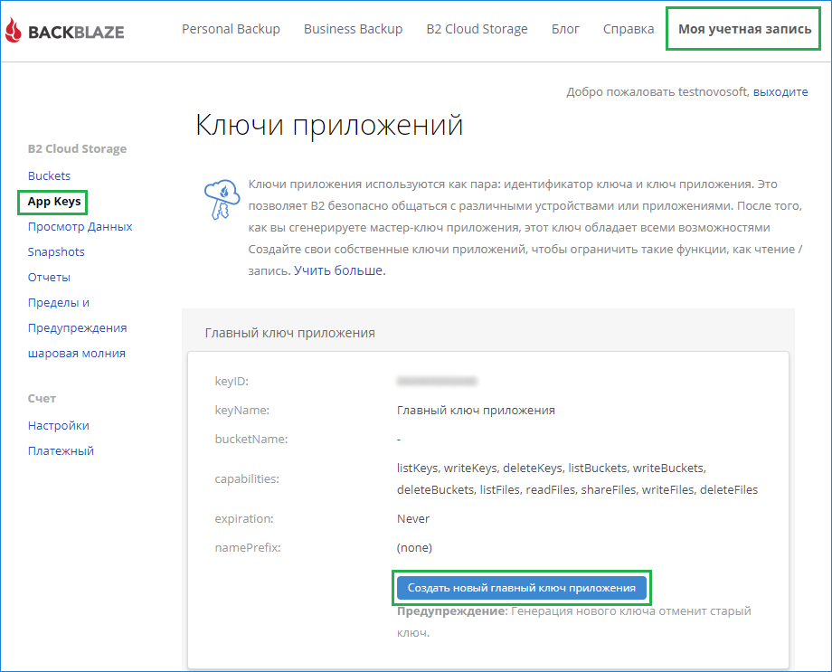 Создание нового главного ключа приложения в Backblaze