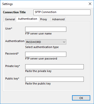 Configuration of the SFTP plug-in: Authentication