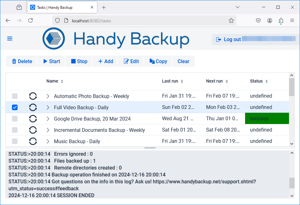 Традиционный вид управления резервными копиями через веб-интрефейс Handy Backup